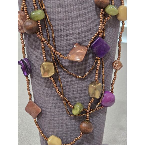 Gold Beaded Multicolor 5 Strand Necklace Lobster Clasp - Picture 2 of 4